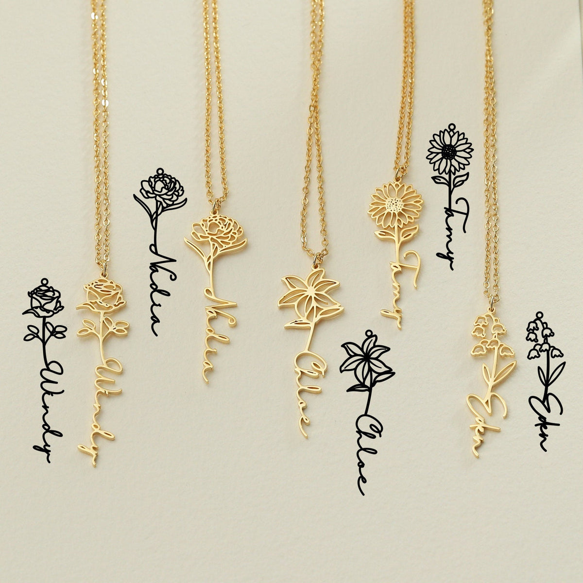Personalized Birth Flower Name Necklace