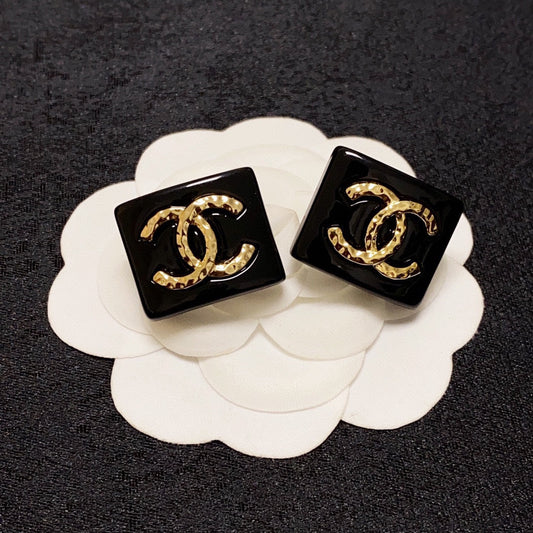 18K  Chanel Black Resin Square Earrings