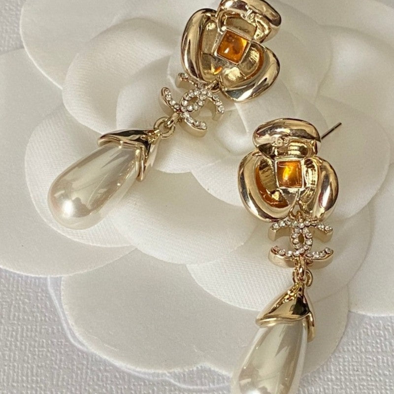 18K  Chanel Camellia Pearl Earrings