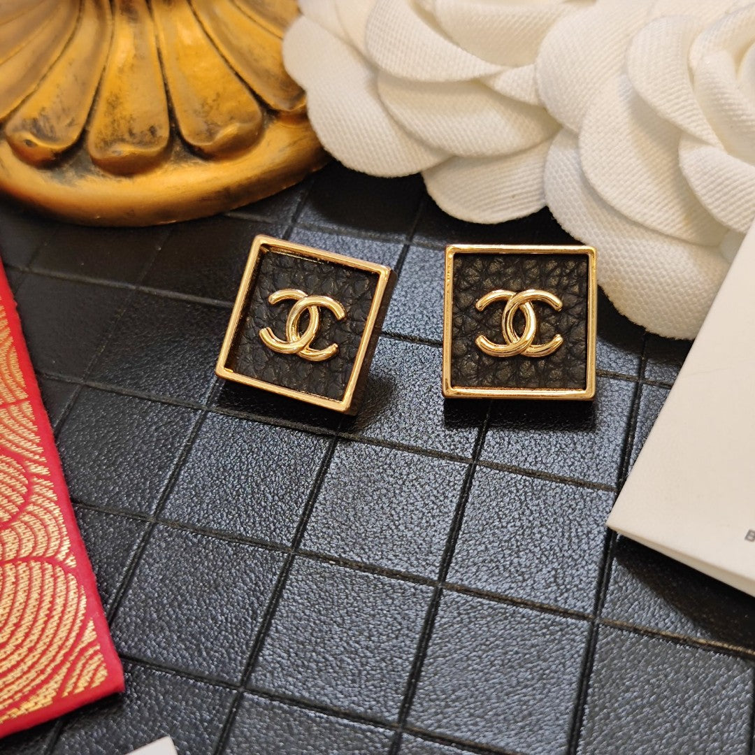 18K  Chanel Black Square Earrings